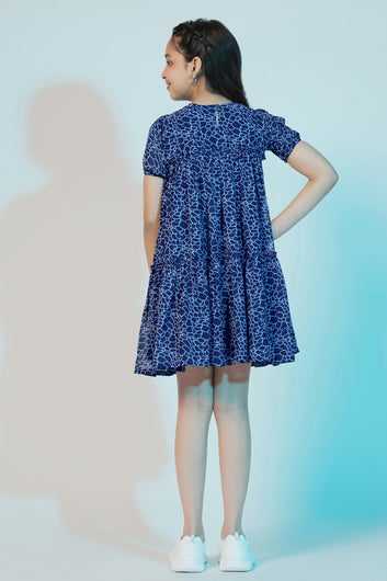 Girls Blue Georgette Animal Printed Above Knee Length Dress