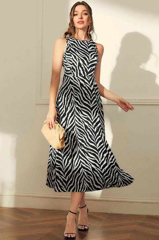 Womens Black Delta Zebra Printed Calf Length Western Dress