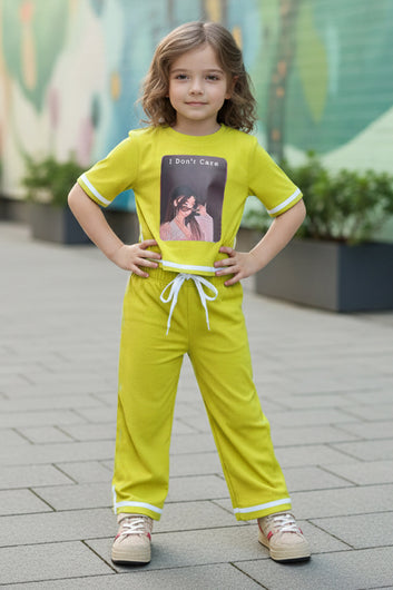 Girls Yellow Rib Printed T-shirt and trouser set