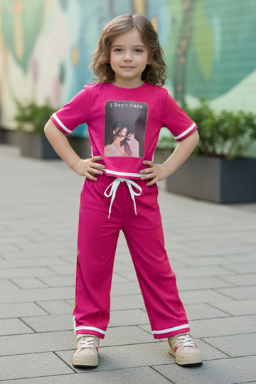 Girls Pink Rib Printed T-shirt and trouser set