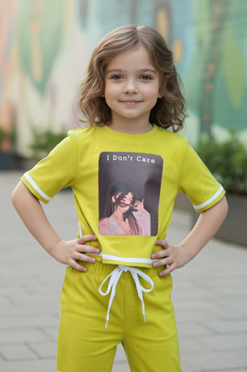 Girls Yellow Rib Printed T-shirt and trouser set