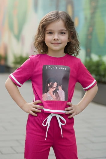 Girls Pink Rib Printed T-shirt and trouser set