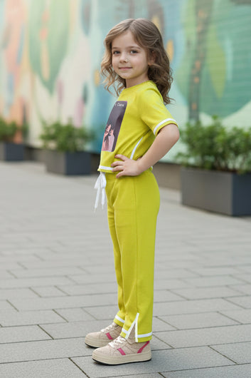 Girls Yellow Rib Printed T-shirt and trouser set