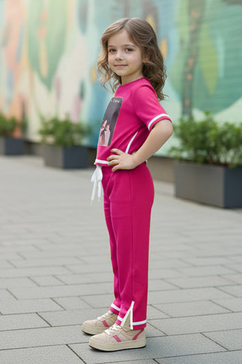 Girls Pink Rib Printed T-shirt and trouser set