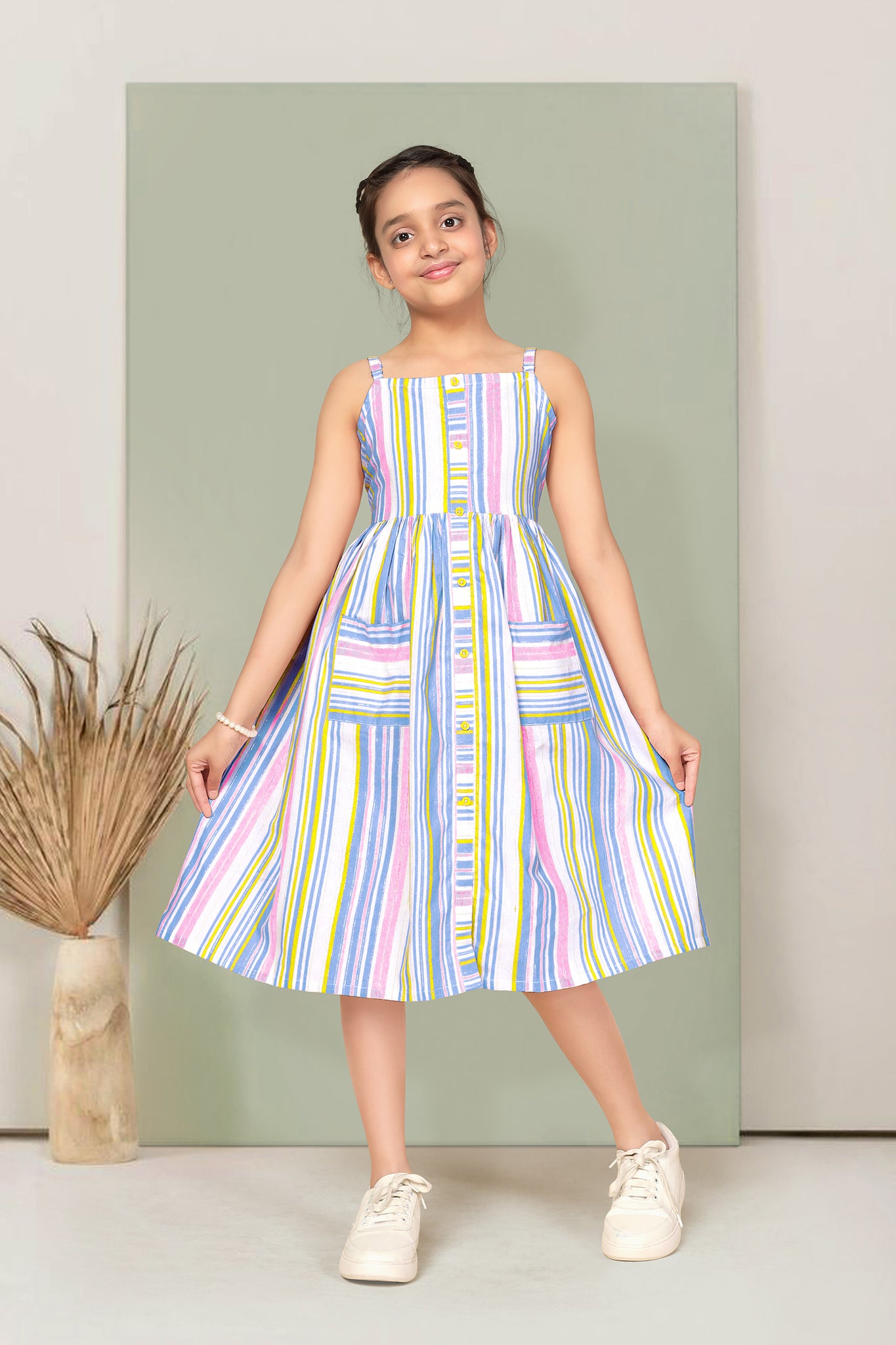 Girls Multicolor Cotton Striped Printed Fit & Flare Knee Length Dress