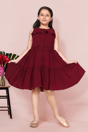 Girls Maroon Checked Tiered Dress