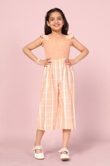 Girl's Orange Cotton Stripes Printed Calf Length Jumpsuit
