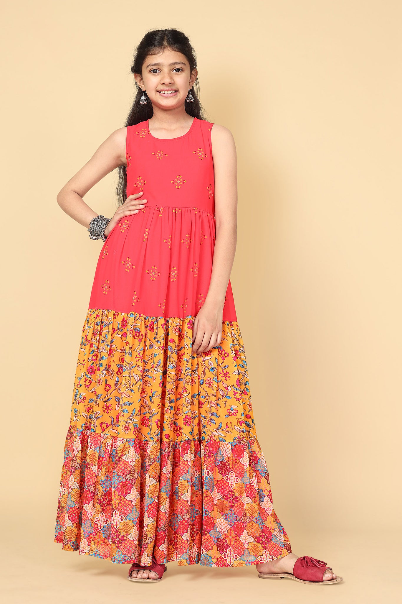 Girls Red Georgette Motif Printed Tiered Maxi Dress