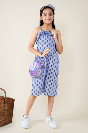 Girls Blue Printed Crop Length Jumpsuit