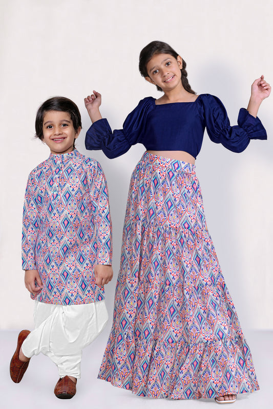 Multicolor Ethnic Print Brother And Sister Combo Set