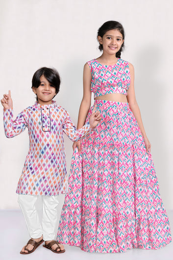 Multicolor Printed Brother And Sister Ethnic Set