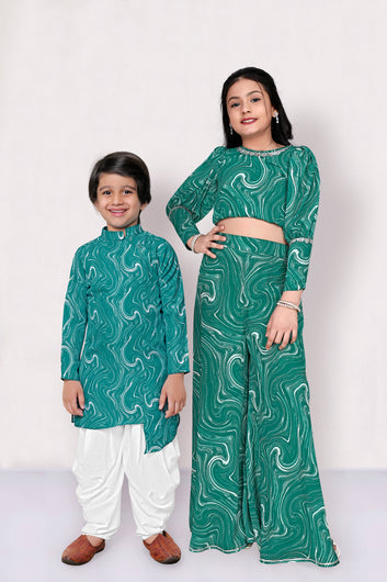 Green Abstract Print Brother And Sister Combo Set