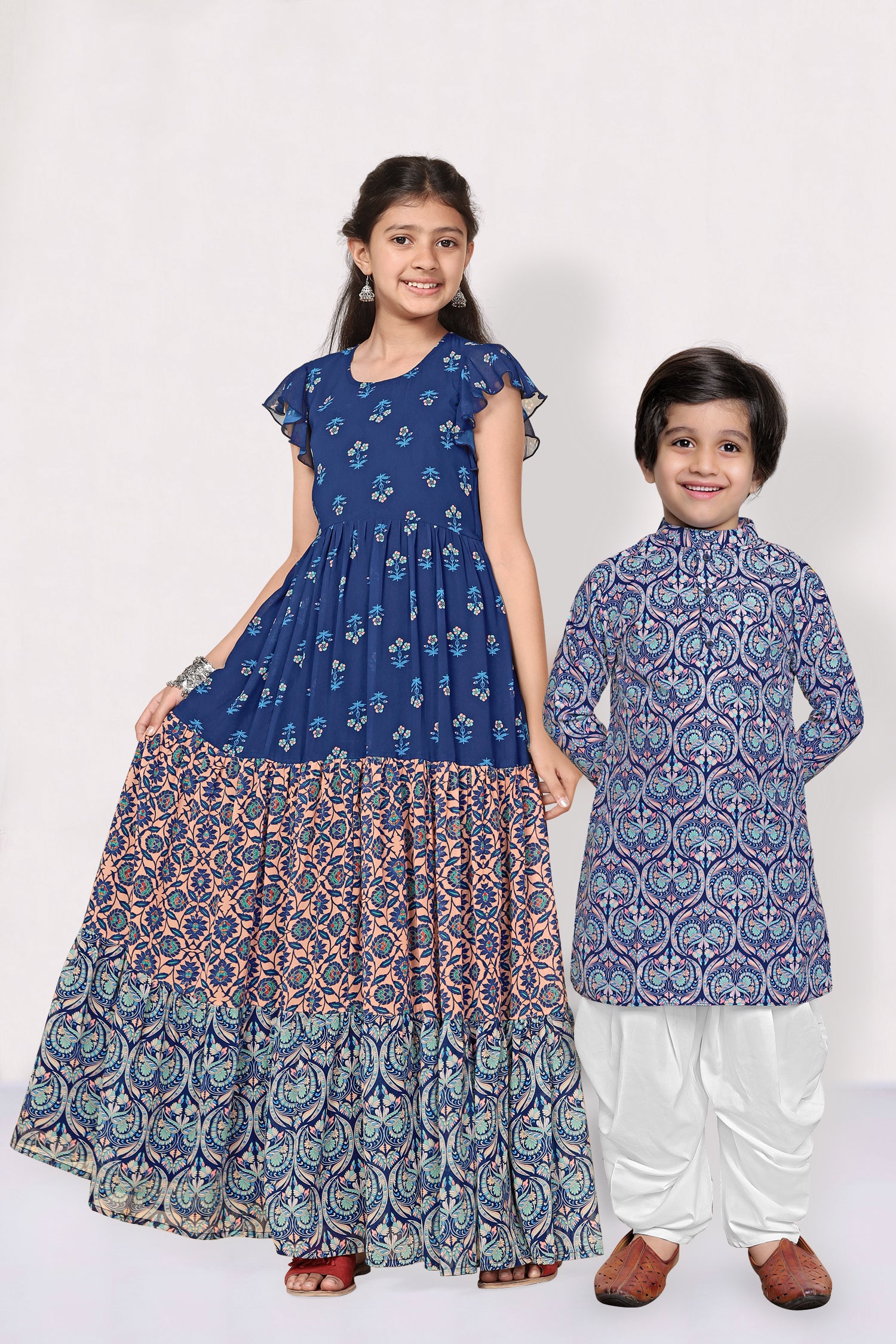 Dark Blue Printed Brother And Sister Combo Set 01