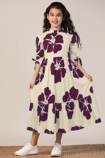 Girl's Purple Rayon Floral Printed Midi Dress