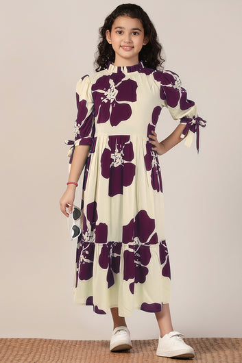 Girl's Purple Rayon Floral Printed Midi Dress