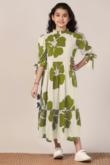Girl's Mint Green Rayon Floral Printed Midi Dress