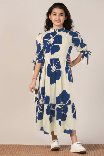 Girl's Navy Blue Rayon Floral Printed Midi Dress