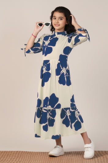 Girl's Navy Blue Rayon Floral Printed Midi Dress