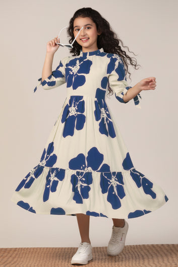 Girl's Navy Blue Rayon Floral Printed Midi Dress