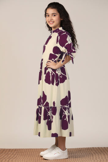 Girl's Purple Rayon Floral Printed Midi Dress