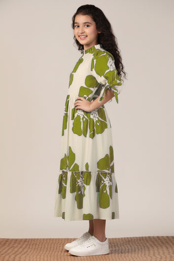 Girl's Mint Green Rayon Floral Printed Midi Dress