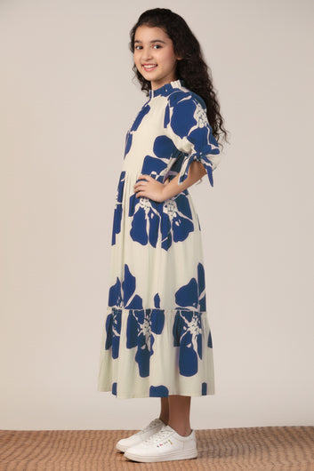 Girl's Navy Blue Rayon Floral Printed Midi Dress