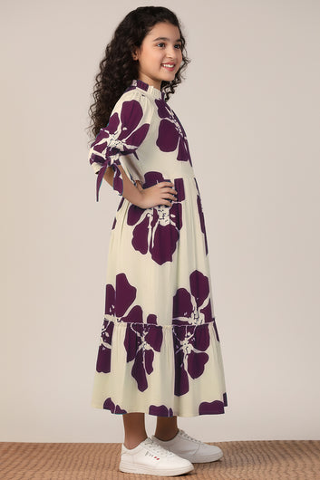 Girl's Purple Rayon Floral Printed Midi Dress
