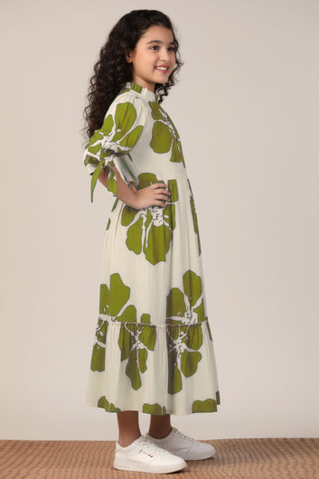 Girl's Mint Green Rayon Floral Printed Midi Dress