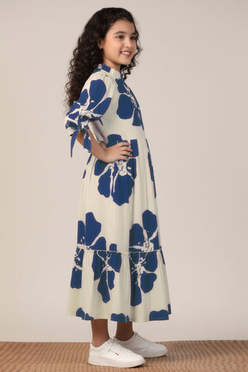 Girl's Navy Blue Rayon Floral Printed Midi Dress