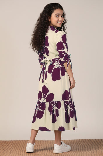 Girl's Purple Rayon Floral Printed Midi Dress