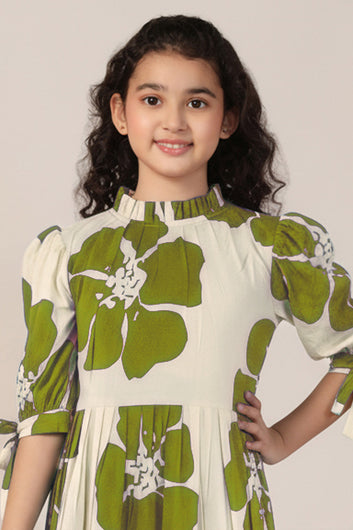 Girl's Mint Green Rayon Floral Printed Midi Dress