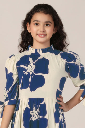 Girl's Navy Blue Rayon Floral Printed Midi Dress