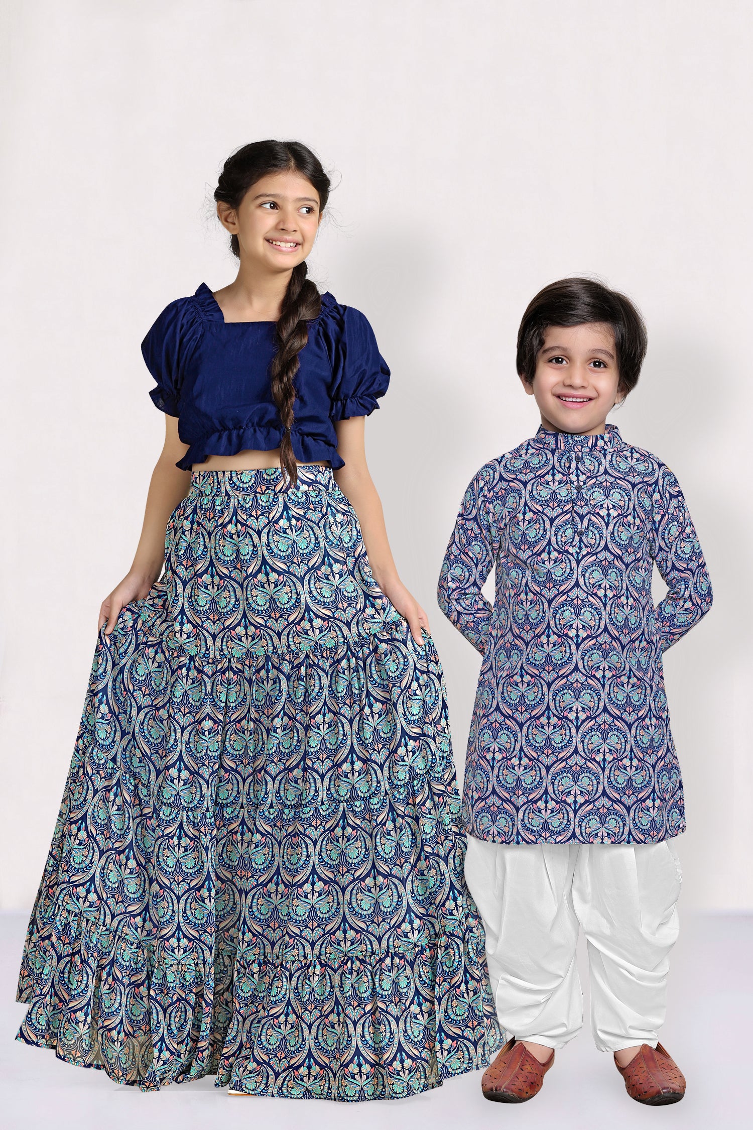 Navy Blue Paisley Print Brother And Sister Combo Set 01
