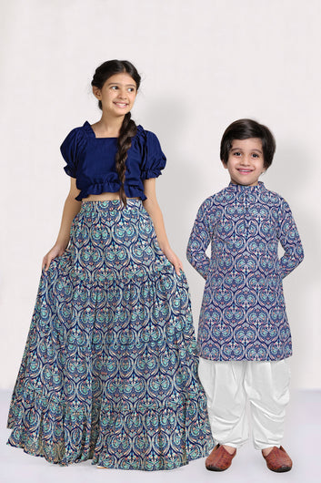 Navy Blue Paisley Print Brother And Sister Combo Set