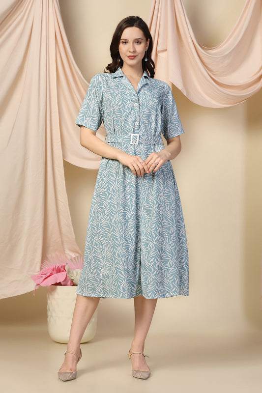 Womens Sea Green BSY Polyester Fashionable Printed Calf Length Dress