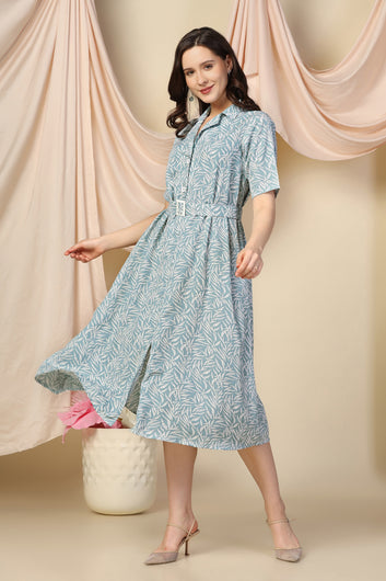 Womens Sea Green BSY Polyester Fashionable Printed Calf Length Dress