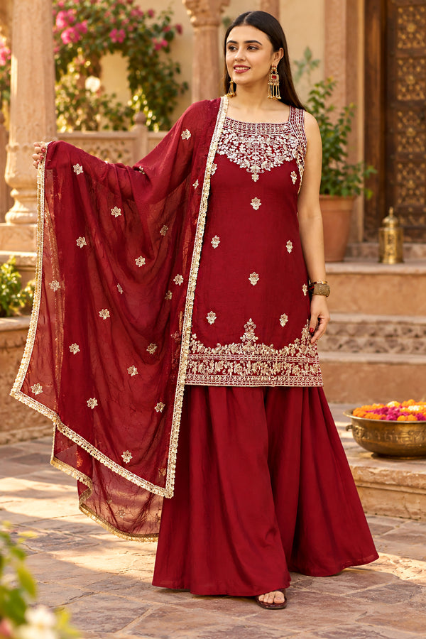 Women Silk Blend Maroon Floral Embroidered Kurta and Palazzo With Dupatta For Ethnic Set