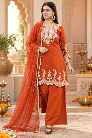 Women's Rust Chanderi Floral Embroidered Kurta and Palazzo With Dupatta set For Traditional Wear