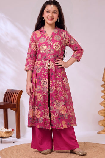 Girl's Rani Chanderi Silk Printed Front Slit Kurta and Palazzo Set