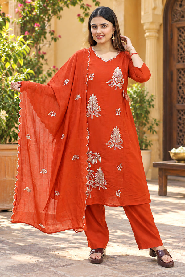 Women Chanderi Rust Floral Embroidered Kurta and Pant With Dupatta Set For Traditional Wear