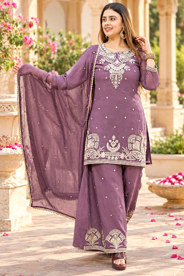 Women's Purple Silk Blend Floral Embroidered Kurta and Flared Palazzo With Dupatta set For Festive Wear