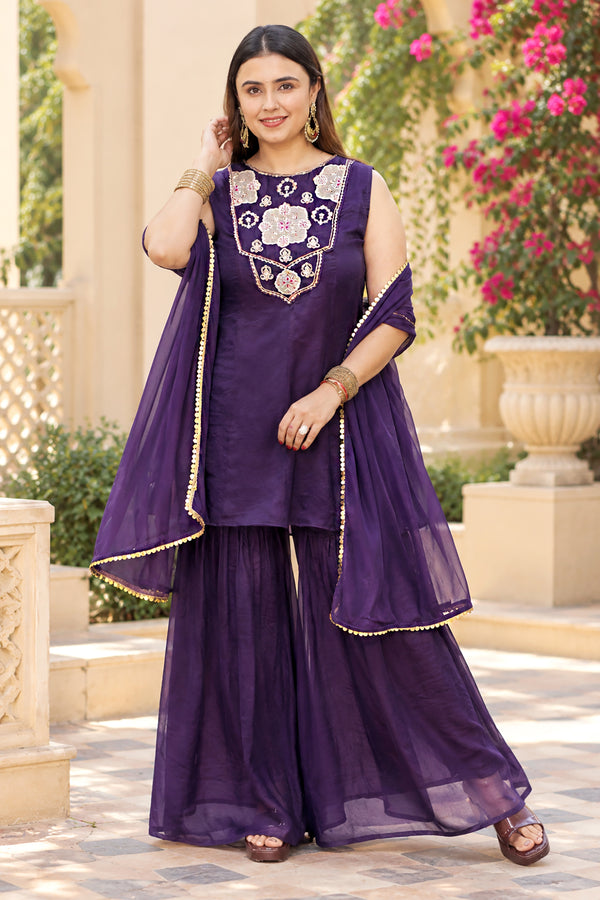 Women Silk Blend Dark Purple Floral Embroidered Kurta and Sharara With Dupatta Set For Festive Wear