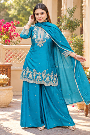 Women Rama Silk Blend Floral Embroidered Kurta and Palazzo With Dupatta Set traditional Wear