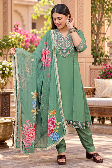 Women's Olive Chanderi Floral Embroidered Kurta and Pant With Dupatta set For Ethnic Wear