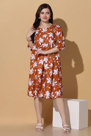 Womens Brown Polyester Floral Printed Knee Length Dress