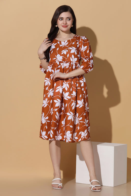 Womens Brown Polyester Floral Printed Knee Length Dress