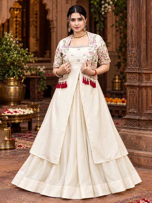 Women Off White Silk Blend Floral Embroidered Kurti and Gathered Lehenga with Koti Set For Ethnic Look