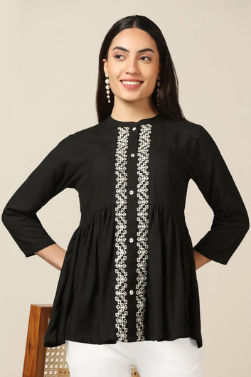 Womens Black Rayon Embroidered Top