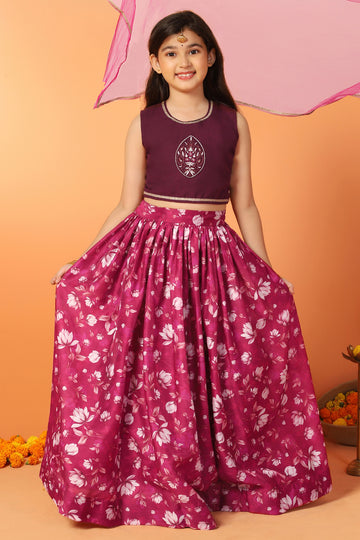 Girls Purple Chanderi Silk Floral Lehenga Choli And Dupatta Set