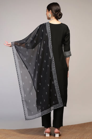 Womens Black Cotton Blend Bandhani Printed Calf Length Kurta And Trouser With Dupatta Set